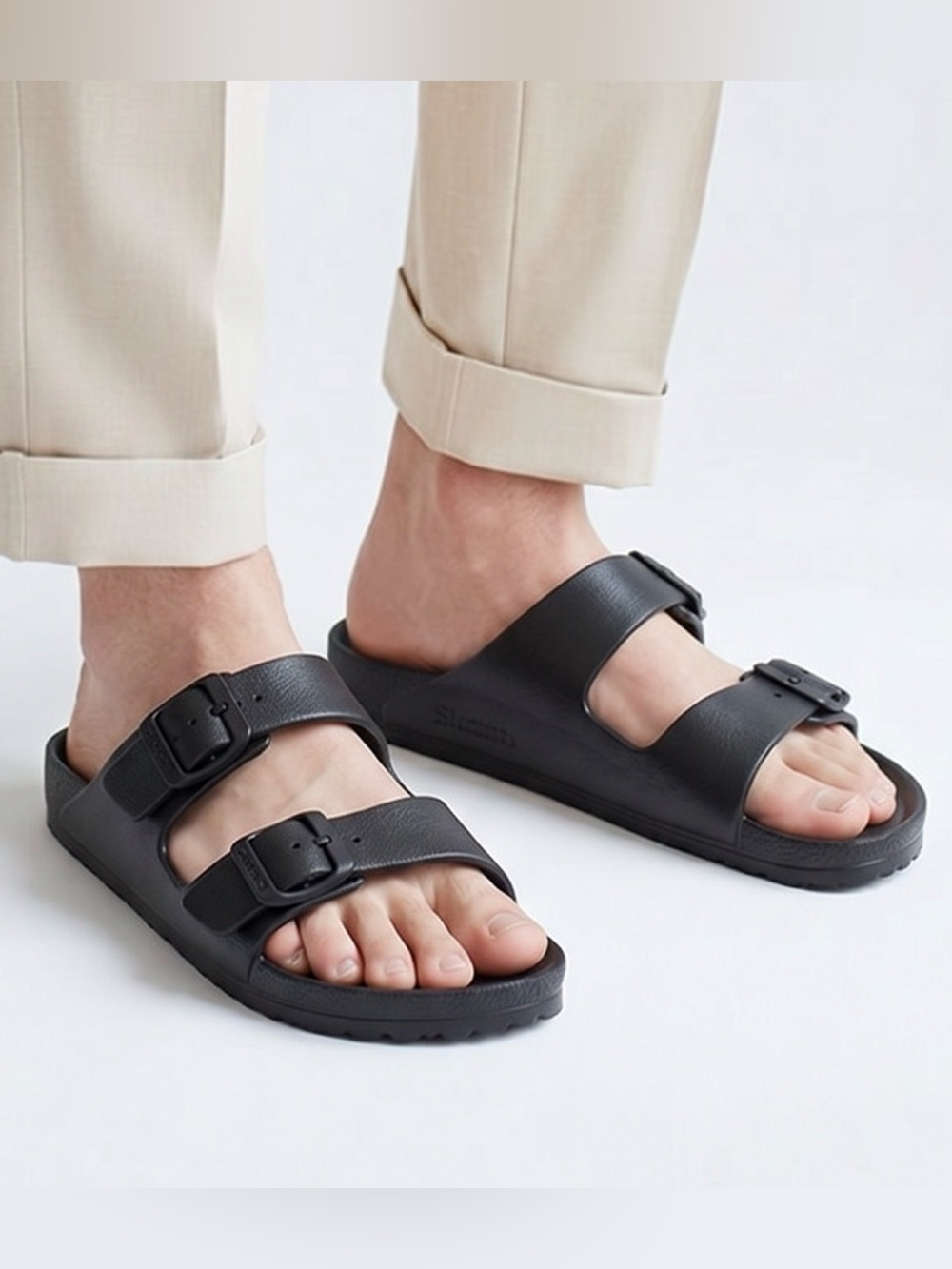 Men's Black Double Strap Slide Sandals